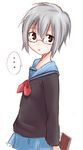  black_eyes glasses hato_(hatoya) highres kita_high_school_uniform nagato_yuki school_uniform serafuku short_hair silver_hair solo suzumiya_haruhi_no_shoushitsu suzumiya_haruhi_no_yuuutsu sweater 