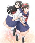  back-to-back black_hair brown_eyes flower green_eyes hair_flower hair_ornament head_wreath jumping long_hair multiple_girls pinkwaters sakugawa_school_uniform saten_ruiko school_uniform serafuku short_hair skirt to_aru_kagaku_no_railgun to_aru_majutsu_no_index uiharu_kazari 