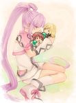  asbel_lhant bad_id bad_pixiv_id black_eyes blonde_hair brown_hair character_doll cropped_jacket detached_sleeves doll gem hug long_hair purple_eyes purple_hair richard_(tales) shorts sitting solo sophie_(tales) tales_of_(series) tales_of_graces touge78 twintails very_long_hair wariza white_shorts 