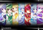  achi_cirno alternate_color alternate_element ascot bad_id bad_pixiv_id blue_eyes blue_hair bow cirno column_lineup dress fujisaki_kaon hair_bow hapa_cirno highres ikazu_cirno mizu_cirno multiple_girls ribbon short_hair smile touhou wings 