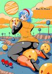  ass blue_eyes blue_hair boots bulma cloud dragon_ball earrings highres jewelry kneeling looking_back mushroom namek pyramid_house short_hair sky smile solo 