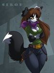  2008 black border_collie breasts brown_eyes brown_hair canine chalo chest_tuft cleavage dog ear_piercing earring female hair looking_at_viewer piercing scarf sirod solo standing tail wide_hips 