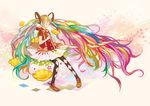  24_(24phage) argyle argyle_legwear closed_eyes colorful flower hatsune_miku long_hair multicolored multicolored_hair pantyhose piano_print rainbow_hair smile solo twintails very_long_hair vocaloid 