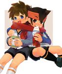  2boys bike_shorts child eating endou_mamoru inazuma_eleven inazuma_eleven_(series) legs multiple_boys scarf shorts shota tachimukai_yuuki 