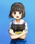  bad_id bad_pixiv_id bag black_hair blush brown_eyes hairband hug minami_yayoi open_mouth school_bag school_uniform shibasaki_shouji short_hair smile solo true_love_story 