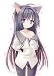  ahoge akemi_homura animal_ears argyle argyle_legwear bad_id bad_pixiv_id black_hair black_legwear blush cat_ears collarbone hairband hand_on_own_chest kemonomimi_mode long_hair mahou_shoujo_madoka_magica no_pants off_shoulder panties panties_under_pantyhose pantyhose purple_eyes rubi-sama sleeves_past_wrists solo star underwear 