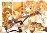  1girl aqua_eyes back-to-back blonde_hair brother_and_sister closed_eyes detached_sleeves dress electric_guitar guitar hair_ornament hair_ribbon hairclip headphones instrument kagamine_len kagamine_rin nail_polish plectrum ribbon ryou_(fallxalice) sailor_dress short_hair siblings twins vocaloid 