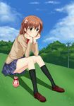  absurdres blush brown_eyes brown_hair hair_ornament hairpin highres kamiko_to_seiryoku misaka_mikoto school_uniform short_hair sitting skirt solo to_aru_kagaku_no_railgun to_aru_majutsu_no_index uniform 