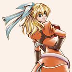  blonde_hair blue_eyes bow dress from_behind gloves hair_ribbon half_updo hand_on_hip lowres maya_schrodinger orange_dress ribbon short_hair simple_background smile solo verden white_background wild_arms wild_arms_3 