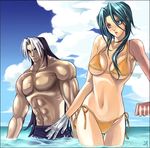  1girl abs bikini black_hair blue_eyes blue_hair blush brad_evans frown heterochromia kanon_(wild_arms_2) long_hair lowres mole multicolored_hair muscle purple_eyes short_hair shorts side-tie_bikini sidelocks sweat swimsuit unadare_chop water white_hair wild_arms wild_arms_2 