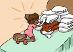  abbey anthro bed bittersweet_candy_bowl brother brown_hair cat childhood clothing cute feline hair happy kneeling mammal molly molly_(bcb) pillow play playing sibling siblings sister smile taeshi_(artist) 