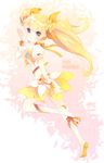  arm_up blonde_hair boots bow brown_eyes choker cure_sunshine flower hair_flower hair_ornament hair_ribbon heart heartcatch_precure! knee_boots long_hair magical_girl midriff myoudouin_itsuki orange_bow orange_choker precure ribbon silverms2 skirt smile solo twintails waving yellow_bow 