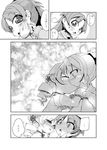  blush buchi_maru comic drill_hair fang food food_on_face greyscale mahou_shoujo_madoka_magica monochrome multiple_girls ponytail sakura_kyouko school_uniform short_hair tomoe_mami translated yuri 