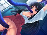  anal black_hair blue_eyes blush breasts censored double_penetration japanese_clothes long_hair miko nipples no_panties pussy shrine_maiden tentacle triple_penetration vaginal 