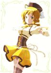  blonde_hair drill_hair errant hat long_hair magical_girl mahou_shoujo_madoka_magica skirt smile solo standing thighhighs tomoe_mami twin_drills twintails yellow_eyes yellow_skirt 