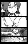  animal_ears bandages cat_ears comic greyscale holding_hands hood hoodie japanese_clothes kitsune_(kazenouta) monochrome multicolored_hair multiple_girls open_mouth original running shoes short_hair single_shoe skirt sweatdrop two-tone_hair 