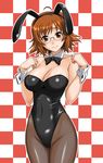  animal_ears breasts brown_eyes brown_hair bunny_ears bunnysuit cleavage glasses hida_tatsuo large_breasts original pantyhose short_hair solo 