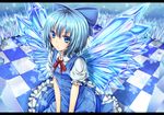  :/ blue blue_eyes blue_hair blush bow checkered checkered_floor cirno dabadhi dress hair_bow highres ice letterboxed short_hair sitting solo touhou wings 
