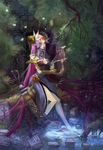  blood blue_eyes breasts bug butterfly cleavage copyright_request dress gloves harp hector_enrique_sevilla_lujan highres insect instrument leaf long_hair looking_at_viewer medium_breasts monster purple_hair sitting soaking_feet solo sword tattoo tree very_long_hair water weapon 