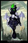  chibi cute dragon female gas_mask green_hair high_place j_axer kahza-nirovsk leigh midriff post_apocalyptic scalie solo 