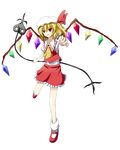  absurdres ascot bad_id bad_pixiv_id blonde_hair flandre_scarlet foreshortening full_body grin hat hat_ribbon highres kenuu_(kenny) laevatein outstretched_arm red_eyes ribbon short_hair side_ponytail skirt smile solo touhou transparent_background wings 