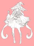  bad_id bad_pixiv_id boots dress frown hat highres lantern long_hair monochrome original pink_background pouch ringed_eyes serenade_(sinohi) sketch solo standing twintails witch witch_hat 