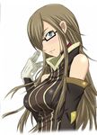  bare_shoulders bespectacled blue_eyes breasts brown_hair glasses gloves hair_over_one_eye k2 large_breasts long_hair simple_background solo tales_of_(series) tales_of_the_abyss tear_grants 
