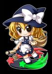  apron black_background blonde_hair blush bow braid broom chibi dress faux_figurine full_body hat hat_bow highres kirisame_marisa long_hair md5_mismatch mini-hakkero shinjitsu simple_background smile solo star touhou white_bow witch_hat yellow_eyes 