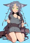  animal_ears bare_legs blush face green_eyes hair_tousle hands kneeling nagaike oekaki original sitting solo sweater wariza 