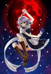  absurdres bad_id bad_pixiv_id boots bow braid full_moon hair_bow highres izayoi_sakuya jumping knife maid maid_headdress moon pocket_watch red_eyes red_moon shawa short_hair silver_hair smile solo touhou twin_braids watch 