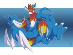  armor blue blush cyber_zai digimon dragon exveemon flamedramon gay male red scalie wings 