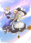  alice_margatroid bad_id bad_pixiv_id black_dress blonde_hair blue_dress blue_eyes book bow broom broom_riding cloud day dress flying fred04142 grimoire grimoire_of_alice grin hair_bow hair_ornament hat hat_removed headwear_removed kirisame_marisa long_hair master_spark mini-hakkero multiple_girls ribbon shanghai_doll short_hair sky smile touhou witch witch_hat yellow_eyes 