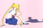  90s bishoujo_senshi_sailor_moon blonde_hair blue_eyes cat double_bun double_buns footwear kazu. leg_hug legs long_hair luna_(sailor_moon) official_art oldschool sailor_moon school_uniform shoes simple_background sitting skirt smile socks tsukino_usagi twintails yawn yawning 