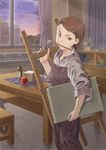  absurdres apple apron art_brush bottle brown_eyes brown_hair canvas_(object) cheese chiaki_rakutarou classroom cloud easel faucet food fruit hair_ornament hairclip highres indoors mouth_hold oekaki_musume original overalls paintbrush short_hair sky sleeves_pushed_up solo table window 
