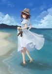  barefoot brown_hair cloud day dress from_behind hat highres jewelry light_smile looking_back ocean original pendant red_eyes short_hair sky solo totuka wading white_dress 