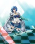  blue_eyes blue_hair cape checkered checkered_floor gloves highres kneeling magical_girl mahou_shoujo_madoka_magica md5_mismatch miki_sayaka morinokuma short_hair solo thighhighs white_gloves white_legwear 