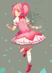  bad_id bad_pixiv_id blush bow bubble_skirt dress gloves gomibox grey_background hair_bow heart kaname_madoka looking_back magical_girl mahou_shoujo_madoka_magica open_mouth pink_eyes pink_hair short_hair short_twintails skirt solo twintails 