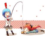  2girls ? blue_hair chibi fishing_rod holding holding_fishing_rod long_hair mahou_shoujo_madoka_magica miki_sayaka mitakihara_school_uniform multiple_girls o_o ponytail red_eyes red_hair sakura_ani sakura_kyouko school_uniform short_hair 