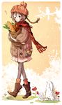  1girl apple bag baggy_clothes baguette boots bread brown_eyes bunny carrot fashion flower food fruit groceries hat joanna_(mojo!) original pantyhose sad scarf shopping shopping_bag short_hair skirt solo spring_onion traditional_media vegetable walking watermark 