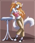  blonde_hair cat chalo chest_tuft cleavage feline female green_eyes hair leaning looking_at_viewer midriff skimpy solo standing table tail white 