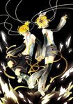  1girl absurdres arm_warmers back-to-back bad_id bad_pixiv_id bare_shoulders blonde_hair brother_and_sister closed_eyes detached_sleeves fingerless_gloves gloves hair_ornament hair_ribbon hairclip headphones highres holding_hands kagamine_len kagamine_len_(append) kagamine_rin kagamine_rin_(append) leg_warmers nail_polish navel ribbon short_hair shorts shuon siblings twins vocaloid vocaloid_append 