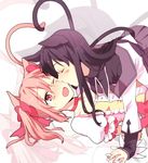  akemi_homura animal_ears bad_id bad_pixiv_id black_hair blush cat_ears cat_tail closed_eyes girl_on_top heart heart_tail heart_tail_duo holding_hands imminent_kiss interlocked_fingers kaname_madoka kemonomimi_mode licking long_hair lying magical_girl mahou_shoujo_madoka_magica multiple_girls nerisuke on_back one_eye_closed pink_eyes pink_hair short_hair short_twintails tail tears twintails upper_body wavy_mouth wince yuri zoom_layer 