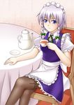  apron blue_dress blue_eyes blush bow braid carpet chair crossed_legs cup dress frilled_apron frilled_dress frills genjuu_rou hair_bow izayoi_sakuya looking_at_viewer maid maid_apron maid_headdress pantyhose puffy_short_sleeves puffy_sleeves room saucer short_hair short_sleeves silver_hair sitting sleeveless sleeveless_dress smile solo table tablecloth tea teacup teapot thigh_strap tile_wall tiles touhou twin_braids 