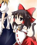  animal_ears apron black_eyes black_hair blonde_hair blue_dress blush bow cat_ears cat_tail clothes_grab detached_sleeves dress dress_grab hair_bow hair_tubes hakurei_reimu kemonomimi_mode kirisame_marisa mochizuki_ado multiple_girls red_dress tail tears touhou younger 