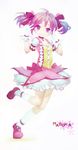  bow choker full_body gloves hair_bow kaname_madoka kneehighs magical_girl mahou_shoujo_madoka_magica moyuvvx pink_eyes pink_hair puffy_sleeves shoes short_twintails solo twintails white_background white_gloves white_legwear 