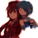  akamomo bad_id bad_pixiv_id bare_shoulders blue_hair cape closed_eyes hug hug_from_behind light long_hair magical_girl mahou_shoujo_madoka_magica miki_sayaka multiple_girls ponytail red_eyes red_hair sakura_kyouko short_hair simple_background tears upper_body 