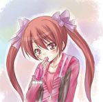  bad_id bad_pixiv_id brown_eyes brown_hair cilfy fingerless_gloves food fruit gloves long_hair phantasy_star phantasy_star_portable_2 phantasy_star_universe solo strawberry twintails 
