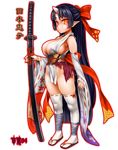  asanagi black_hair breasts cleavage detached_sleeves highres hinomoto_oniko horn japanese_clothes katana large_breasts long_hair no_panties oni original pointy_ears red_eyes ribbon sandals solo sword thighhighs very_long_hair weapon white_legwear 