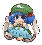  backpack bag barefoot blue_eyes blue_hair chibi full_body gurageida hair_bobbles hair_ornament hat highres kawashiro_nitori key mechanical_arm open_mouth simple_background smile solo touhou two_side_up 