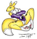  2003 blue_eyes breasts canine chest_tuft covering_self digimon elbow_gloves female fox jessie_t_wolf on_back renamon solo tail yellow 